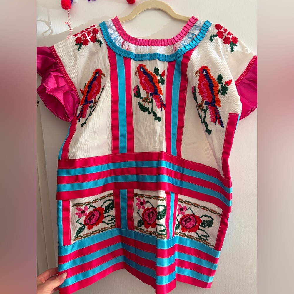 Handmade Embroidered Mexican Huipil Top Dress Oaxaca Hand Sewn Artisan Vintage